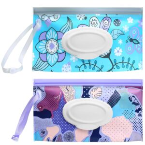 Baby Wipes Dispenser, 2 Pcs Travel Baby Wipe Holder, Refillable Baby Wet Wipe Pouch, Reusable Baby Wipes Container, Portable Baby Wipe Dispenser, Wipe Bags for Travel, blue purple Floral
