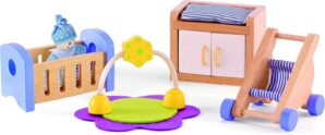 Hape Wooden Doll House Furniture Baby’s Room Set with Baby| Pretend Playset for Kid’s Wooden Dollhouse