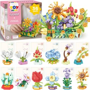 TOY Life 36 Pack Party Favors for Kids, Mini Flower Building Blocks Set for Classroom Prize, Flowers Building Toy for Kids with Gift Cards, Birthday Gifts Easter Basket Stuffers for Boys Girls 6+
