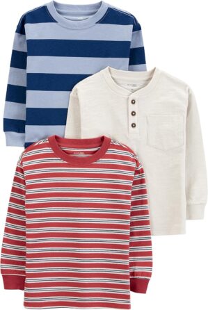 Simple Joys by Carter’s Boys’ 3-Pack Long Sleeve Shirts, Ivory Space Dye/Maroon Stripe/Navy Rugby Stripe, 4T