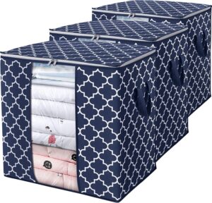 WISELIFE Storage Bags 3 Pack/100L Large Blanket Clothes Organization and Storage Containers for Comforters,Bedding, Foldable Organizer with Reinforced Handle, Clear Window, Sturdy Zippers,Blue