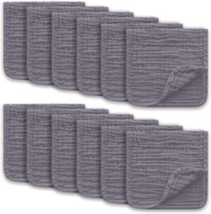 Muslin Burp Cloths Large 100% Cotton Hand Washcloths for Boys & Girls, Baby Essentials Extra Absorbent and Soft Burping Rags for Newborn Registry (Grey, 12-Pack, 20″ X10″)