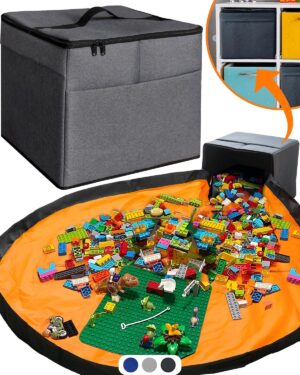 XL Toy Storage Organizer with Play Mat – Storage Bag/Box for Kids, Boys, Girls, Nursery, Playroom – Basket for Building Bricks/Blocks – Collapsible Fabric Cube Bin, 13″x13″x15″