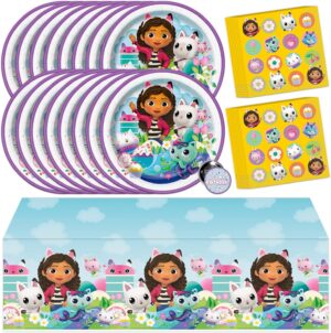 Unique Gabby’s Dollhouse Party Supplies | Gabby Dollhouse Party Supplies | Gabby Doll House Party Supplies | Officially Licensed | Tablecover, Plates, Napkins, Button | Serves 16 Guests