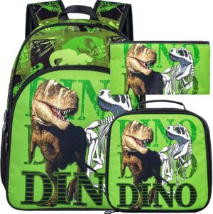 3PCS Dinosaur Backpack for Boys, 16 Inch Kids Water Resistant Preschool Elementary Kindergarten Bookbags and Lunch Box