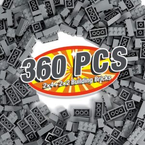 360 Pieces Building Bricks, Classic Basic Flats Parts and Pieces – 2×4 Brick x200 and 2×2 Brick x160, Moc Building Bulks Compatible with All Major Brands, Dark Grey