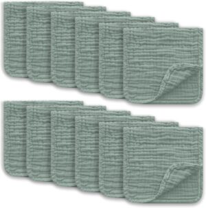 Muslin Burp Cloths Large 100% Cotton Hand Washcloths for Boys & Girls, Baby Essentials Extra Absorbent and Soft Burping Rags for Newborn Registry (Green, 12-Pack, 20″ X10″)