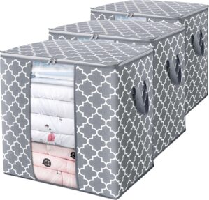 WISELIFE Storage Bags [3 Pack/100L] Large Blanket Clothes Organization and Storage Containers for Comforters,Bedding, Foldable Organizer with Reinforced Handle, Clear Window, Sturdy Zippers,Light Gray