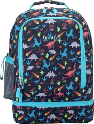 Bentgo Kids Prints 2-in-1 Backpack & Insulated Lunch Bag – Durable, Lightweight, Colorful Prints for Girls & Boys, Water-Resistant Fabric, Padded Straps & Back, Large Compartments (Dinosaur)