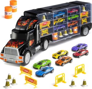 Play22 Semi Truck Toys for Boys Ages 3-5 – 17 in 1 Kids Toys Truck Transport Car Carrier with 6 Cars, 11 Accessories, Birthday Gifts Toys for 3 Year Old Boys, Toddler Boy Toys