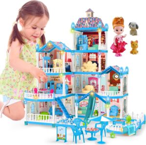 Doll House for Girls ,10 Rooms Blue Doll House with Dolls Figure, Puppies ,Furnitures, Accessories, LED Light, Toddler Playhouse Gift for for 3 4 5 6 7 8 9 10 Year Old Girls Toys