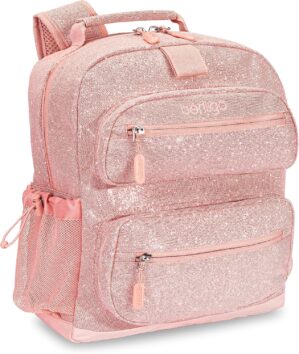 Bentgo Kids Glitter Backpack – Lightweight 14” Backpack for School, Travel & Daycare, Ideal for Ages 4+, Durable & Water-Resistant, Roomy Interior, & Loop for Lunch Bag (Glitter Edition – Petal Pink)