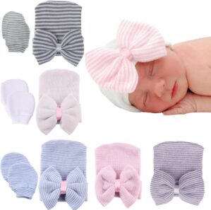 Baby Caps and Mittens Newborn Hospital Beanie Hats No Scratch Gloves Soft Babies Gift Set for Boys Girls
