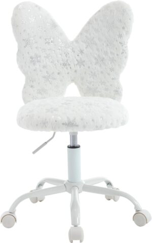 Cute Fuzzy Kids Chair for Teenage Girls Rolling Study Desk Student Chair Furry Computer Task Chair, Adjustable Butterfly Shaped Reading Vanity Chair for Bedroom, White