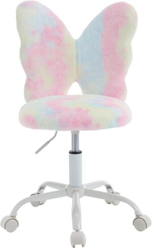 Cute Fuzzy Kids Chair for Teenage Girls Rolling Study Desk Student Chair Furry Computer Task Chair, Adjustable Butterfly Shaped Reading Vanity Chair for Bedroom, Colorful