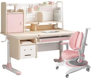 FCD Kids Study Desk and Chair Height Adjustable Wooded Children Desk with Bookshelf, Tiltable Desktop, Tablet Holder, Storage Cabinet and Pull-Out Drawer, Pink
