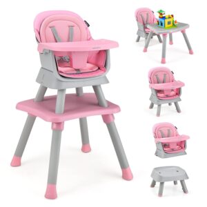 BABY JOY Baby High Chair, 8 in 1 Convertible Highchair for Babies & Toddlers | Booster Seat | Table and Chair Set | Building Block Table | Toddler Chair with Safety Harness, Removable Tray (Pink)