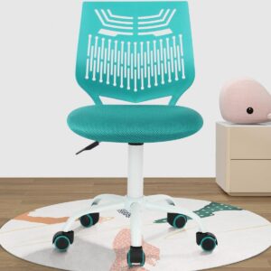 FurnitureR Desk Chair Armless Home Office Task Chair with Mesh Padded Cushion Swivel Study Chair with Rolling Wheels for Kids Teens Children, Turquoise