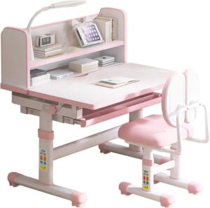 Kids Study Desk and Chair Set 3-18 Years Kids Desk and Chair Set Ergonomic Height Adjustable Children School Study Desk with Tilt Desktop, Drawer Boy and Girl Table and Chair Set
