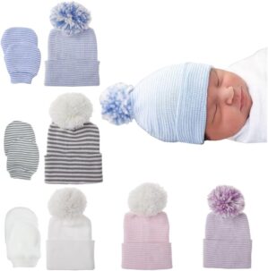 Baby Caps and Mittens Newborn Hospital Beanie Hats No Scratch Gloves Soft Babies Gift Set for Boys Girls