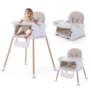 3 in 1 Baby High Chair, Portable High Chairs for Babies and Toddlers, Adjustable Convertible Infant Baby Feeding Chair Booster for Eating with Detachable Double Tray, 5 Point Harness, Footrest Cream