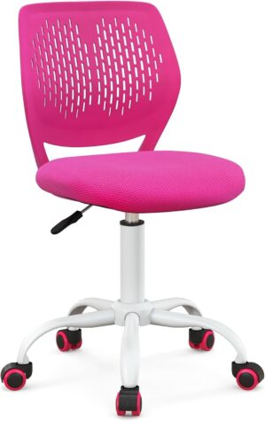 Giantex Kids Desk Chair, Children Armless Study Chair with Adjustable Height, Ergonomic Kids Office Chair with Wheels, Rolling Swivel Mesh Task Desk Chair for Girls Boys Teens, Rose