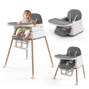 3-in-1 Convertible Baby High Chair with Adjustable Feeding Tray, 5 Point Harness, Footrest – Portable, Gray