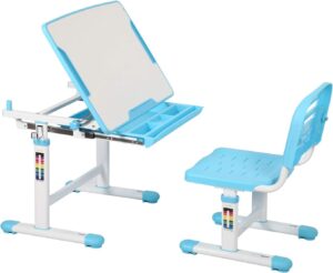 Diroan Kids Multifunctional Desk and Chair Set, Height Adjustable Children School Study Desk with Large Tilt Desktop, Metal Hook and Storage Drawer for Boys Girls, Blue