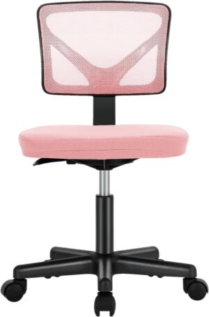 Sweetcrispy Office Computer Desk Chair, Ergonomic Low-Back Mesh Rolling Work Swivel Chairs with Wheels, Armless Comfortable Seat Lumbar Support for Home, Bedroom, Study, Student, Adults, Pink
