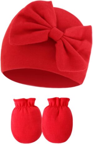UTTPLL Newborn Beanies Cap No Scratch Mittens Set 0-6 Months Infant Bow Caps Baby Girls Boys Cute Nursery Headbands Hats