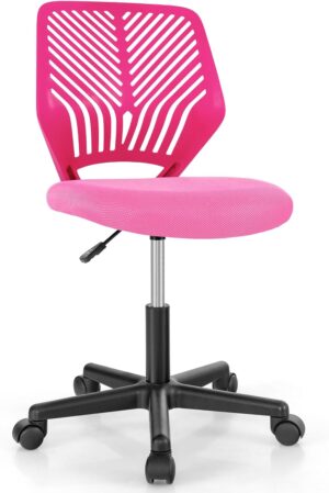 Giantex Kids Desk Chair, Armless Kids Computer Chair with Lumbar Support, Mesh Adjustable Swivel Study Chair with Wheels, Small Office Chair for Girls Boys Teen in Bedroom School (Pink)