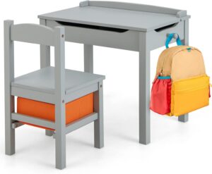 Costzon Kids Table and Chair Set, Flip Top Toddler Study Desk w/Chair for Playroom & Nursery, Wood Activity Table Set w/Storage Space, Safety Hinge, Pull-Out Drawer & Hook for Arts, Crafts (Grey)