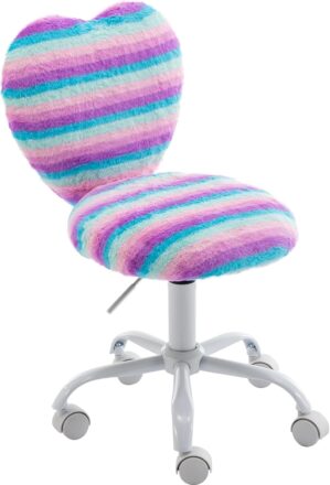 Cute Fuzzy Kids Chair for Teenage Girls Rolling Study Desk Student Chair Furry Computer Task Chair, Adjustable Heart Shaped Reading Vanity Chair for Bedroom, Rainbow