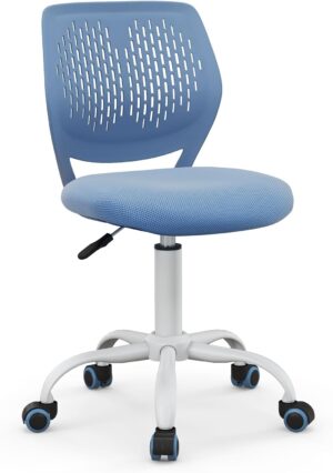 Giantex Modern Kids Desk Chair, Armless Study Chair with Adjustable Height, Ergonomic Office Chair with Wheels, Rolling Swivel Mesh Task Desk Chair for Girls Boys Teens, Blue