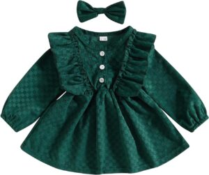 Karuedoo Kids Toddler Baby Girl Corduroy Ruffle Long Sleeve Dress Princess Party Dress Fall Winter Skirt Outfit