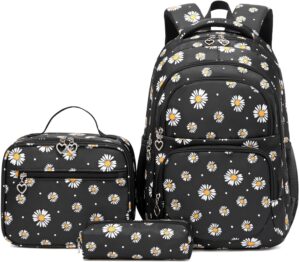 Daisy Printed Backpacks for Girls with Lunch Bag Pencil Case 3pcs Set, Lightweight Elementary Bookbags for Teen Girls