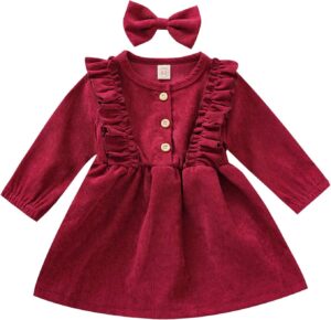 Karuedoo Kids Toddler Baby Girl Corduroy Ruffle Long Sleeve Dress Princess Party Dress Fall Winter Skirt Outfit