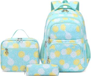 Daisy Printed Backpacks for Girls with Lunch Bag Pencil Case 3pcs Set, Lightweight Elementary Bookbags for Teen Girls