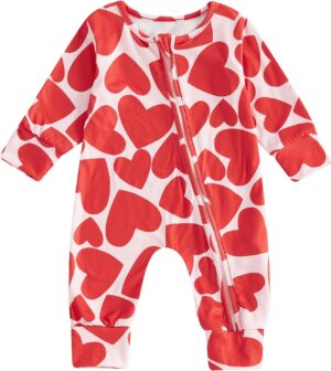 Sasaerucure Infant Baby Boy Girl Valentines Outfit Heart Jumpsuit Newborn Baby Zipper Long Sleeve Romper Onesie