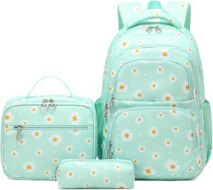 Daisy Printed Backpacks for Girls with Lunch Bag Pencil Case 3pcs Set, Lightweight Elementary Bookbags for Teen Girls
