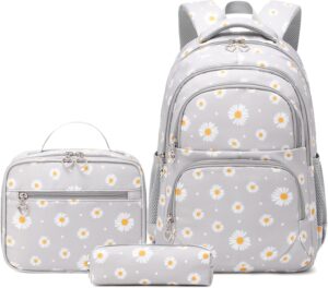 Daisy Printed Backpacks for Girls with Lunch Bag Pencil Case 3pcs Set, Lightweight Elementary Bookbags for Teen Girls