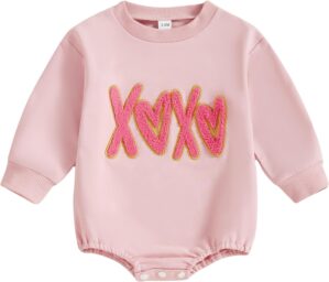 FIOMVA Valentines Girl Outfit Infant Heart Bow Bubble Romper Sweatshirt Newborn Bodysuit Top Toddler Spring Clothes
