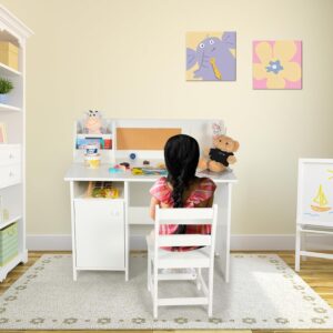 RedSwing Kids Study Desk and Chair Set with Hutch, Wooden Writing Table, Ergonomic Homework Station with Storage Cabinet & Bulletin Board for Bedroom, School, White