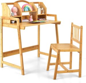 Costzon Kids Desk and Chair Set, Height Adjustable Bamboo Desk with Storage Hutch, Student Writing Computer Workstation for Bedroom, School, Children Study Table and Chair Set for Girls Boys Ages 3+