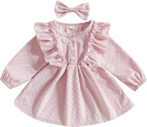 Karuedoo Kids Toddler Baby Girl Corduroy Ruffle Long Sleeve Dress Princess Party Dress Fall Winter Skirt Outfit