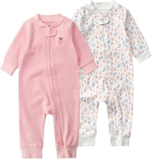 Teach Leanbh Baby 2-Pack 100% Cotton Romper Jumpsuits Two Way Zipper Long Sleeve Footless Sleep and Play
