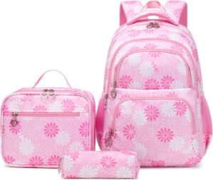 Daisy Printed Backpacks for Girls with Lunch Bag Pencil Case 3pcs Set, Lightweight Elementary Bookbags for Teen Girls