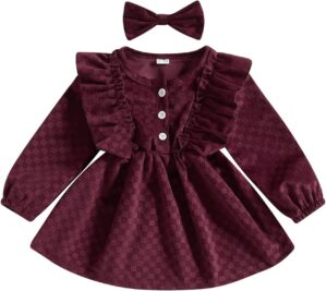 Karuedoo Kids Toddler Baby Girl Corduroy Ruffle Long Sleeve Dress Princess Party Dress Fall Winter Skirt Outfit