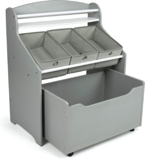 Humble Crew 3-in-1 Kids Bookshelf and Toy Storage Organizer, Grey – Toddler Organizers with Rolling Toy Box and 3 Fabric Bins – Sturdy Baby Book Shelf, Perfect for Nursery and Playroom