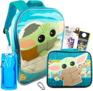Baby Yoda Backpack and Lunch Box Set – Bundle of Star Wars 16″ Grogu Bag, Insulated Lunch Bag, Water Bottle, and More | Mandalorian School Supplies
